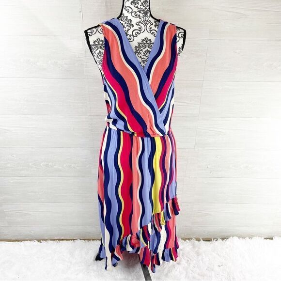 Plenty by Tracey Reese Daphne Wavy Striped Faux Wrap Ruffle Midi Dress - Picture 2 of 8